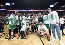 Boston Celtics with the Eastern Conference Finals Trophy