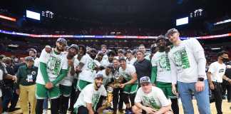 Boston Celtics with the Eastern Conference Finals Trophy