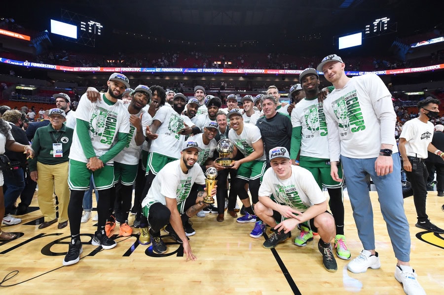 Boston Celtics with the Eastern Conference Finals Trophy