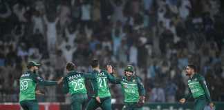 Nawaz celebrates taking a wicket