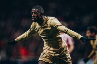 Dembele celebrates after scoring against Atletico Madrid for Barcelona