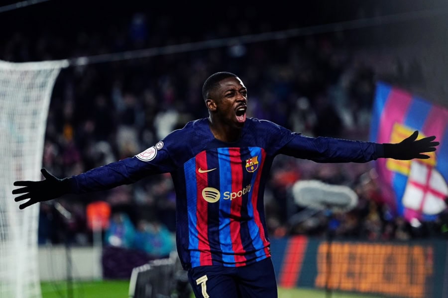 Dembele celebrating scoring for Barcelona against Real Sociedad in copa del rey