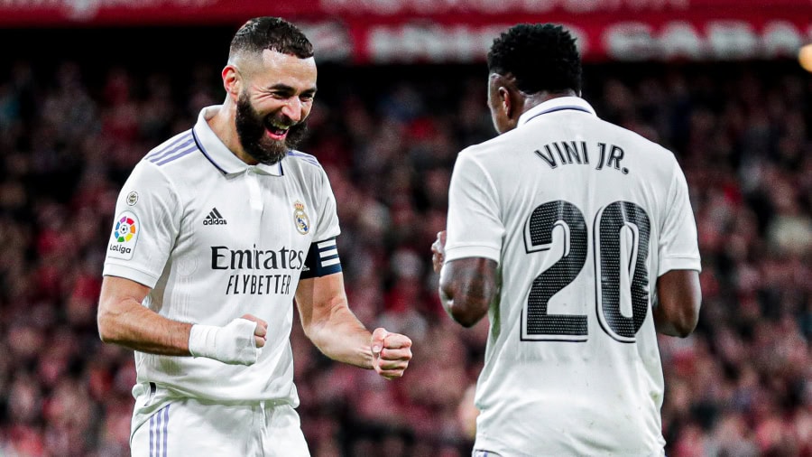 Real Madrid players celebrate after scoring against Atletico Madrid in Copa del Rey