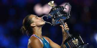 Aryna Sabalenka celebrates after winning the Australian Open