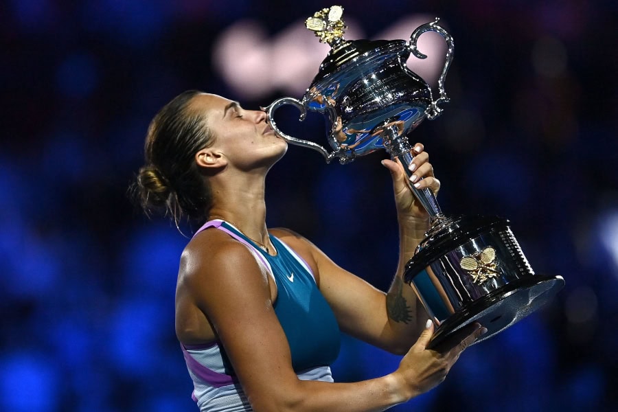 Aryna Sabalenka celebrates after winning the Australian Open