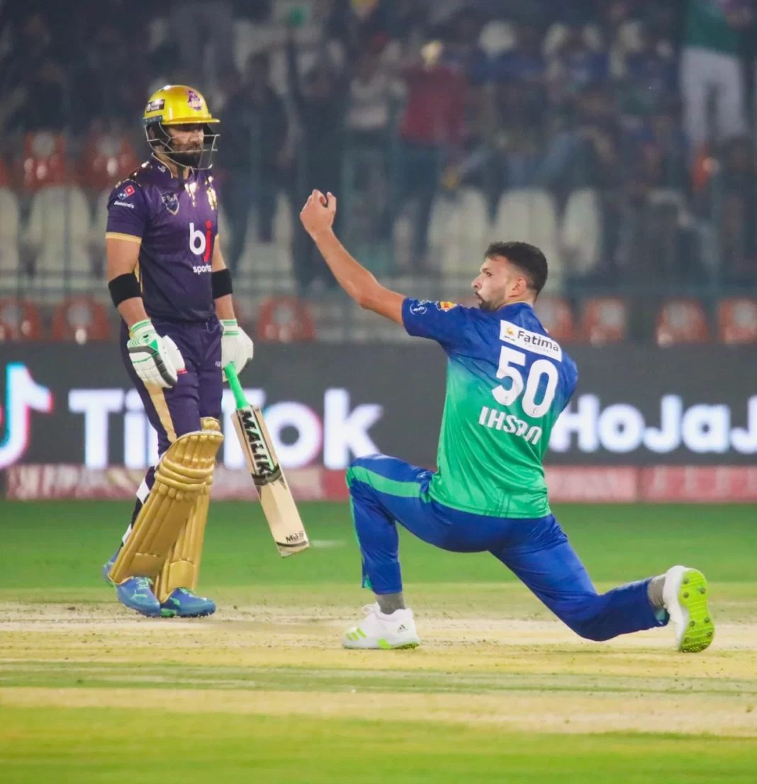 Ihsanullah celebrates taking a wicket against Quetta Gladiators
