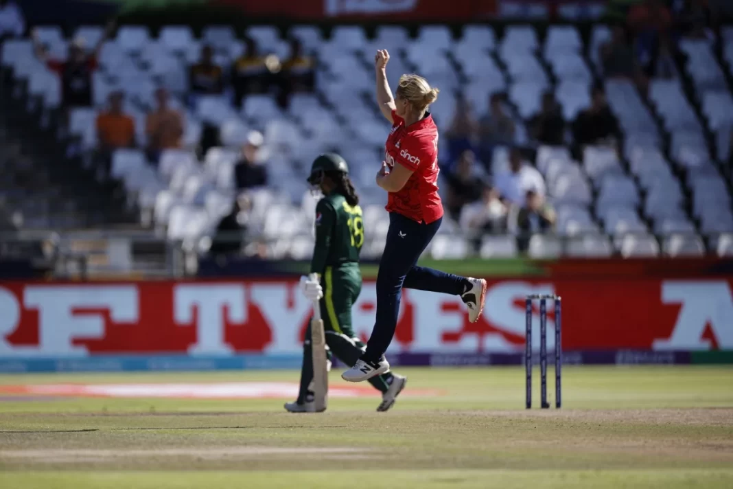 England bowler celebrates her wicket against Pakistan in the womens T20 World CUp