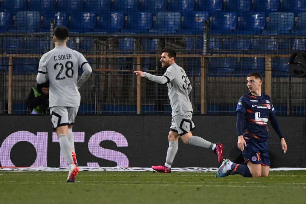 Messi celebrates scoring for PSG against Montpellier