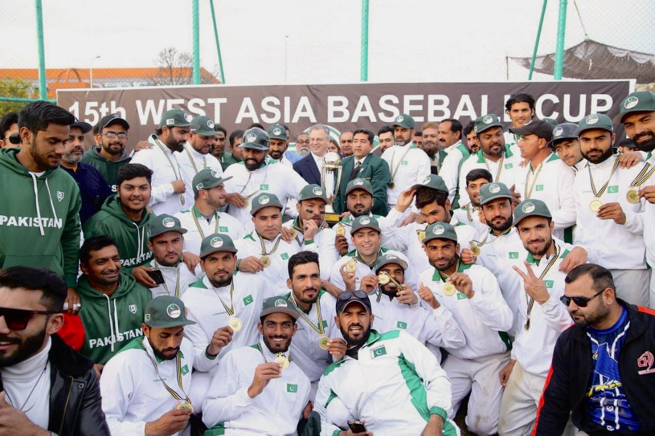 Pakistan team celebrates winning the15th West Asia Cup Baseball Championship