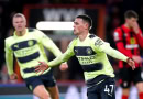 Foden celebrates scoring for Manchester City against Bournemouth