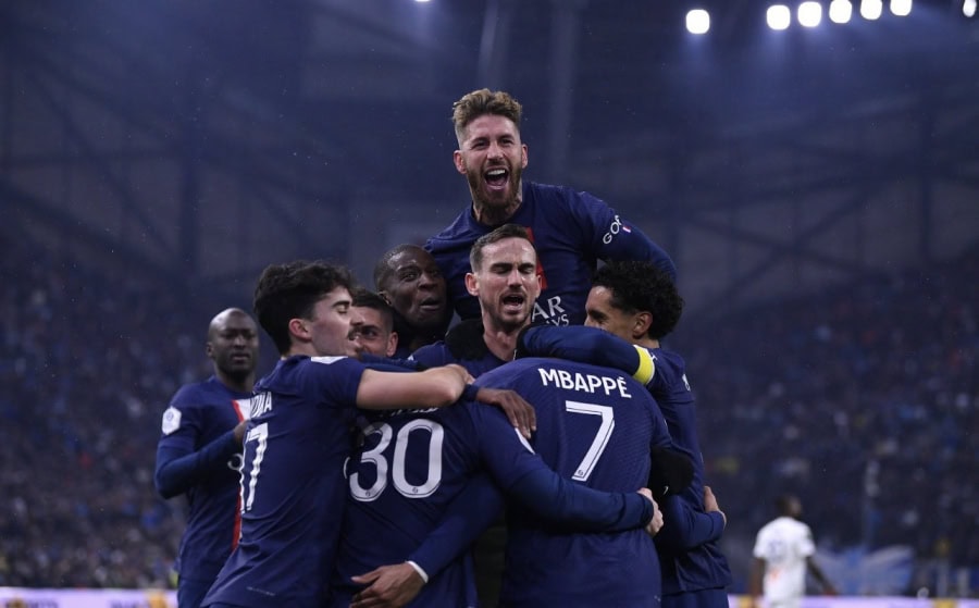 PSG celebrate scoring against Marseille Ligue 1