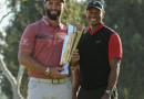 Jon Rahm celebrates with Genesis Open trophy