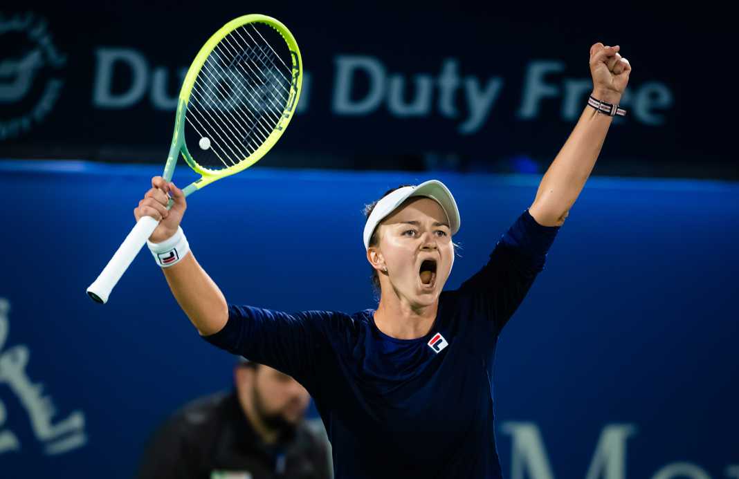 Barbora Krejcikova celebrates beating Aryna Sabalenka in Dubai Open