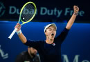 Barbora Krejcikova celebrates beating Aryna Sabalenka in Dubai Open