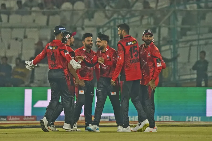 Rashid Khan celebrates a wicket with Lahore Qalandars teammates