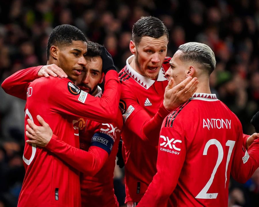 Manchester United celebrate scoring against Real Betis