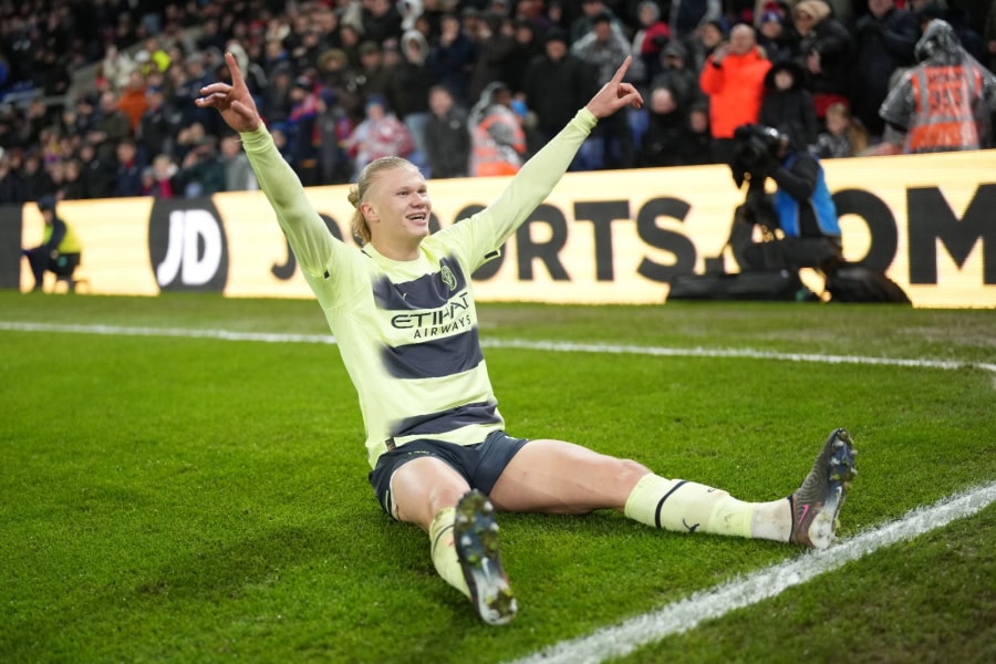 Erling Haaland celebrates scoring for Man City against Crystal Palace.