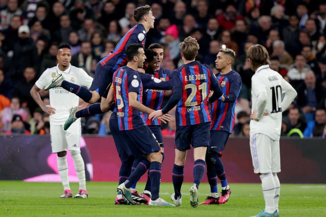 Barcelona celebrating their goal over Real Madrid in the Copa del Rey semi final first leg