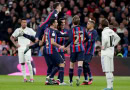 Barcelona celebrating their goal over Real Madrid in the Copa del Rey semi final first leg