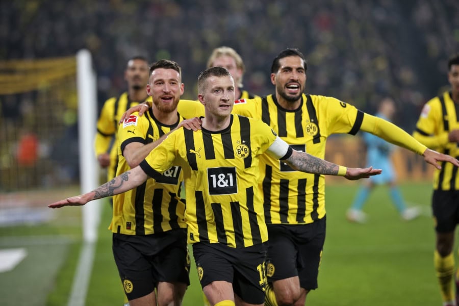 Reus celebrates scoring for Dortmund against Leipzig