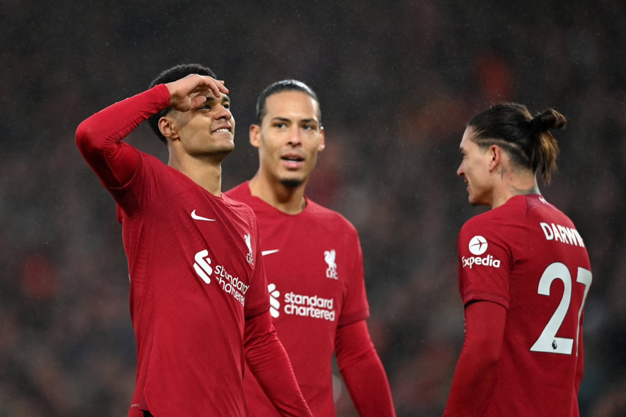 Cody Gakpo celebrates scoring for Liverpool against Manchester United