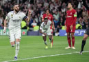 Benzema celebrates scoring for Real Madrid against Liverpool in the Champions League