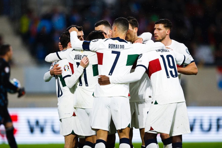 Portugal celebrate scoring against Luxembourg in their European Qualifier