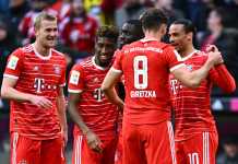 Bayern celebrate scoring against Dortmund