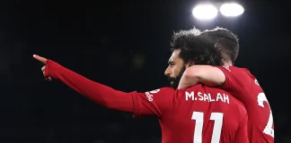 Salah celebrates scoring for Liverpool against Leeds United