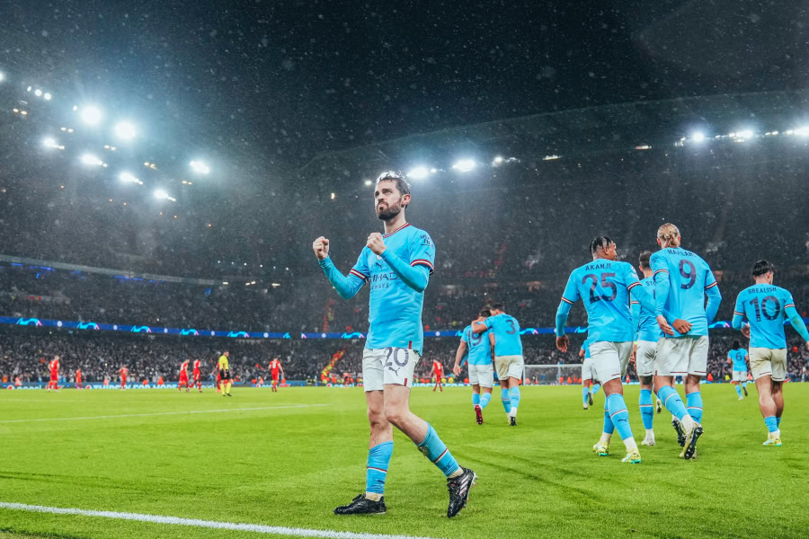 Bernardo Silva celebrates scoring for Manchester City against Bayern Munich in Champions League