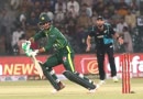 Saim Ayub plays a shot against New Zealand