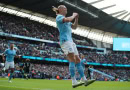 Erling Haaland celebrates scoring for Manchester City against Leicester