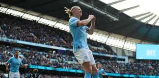 Erling Haaland celebrates scoring for Manchester City against Leicester