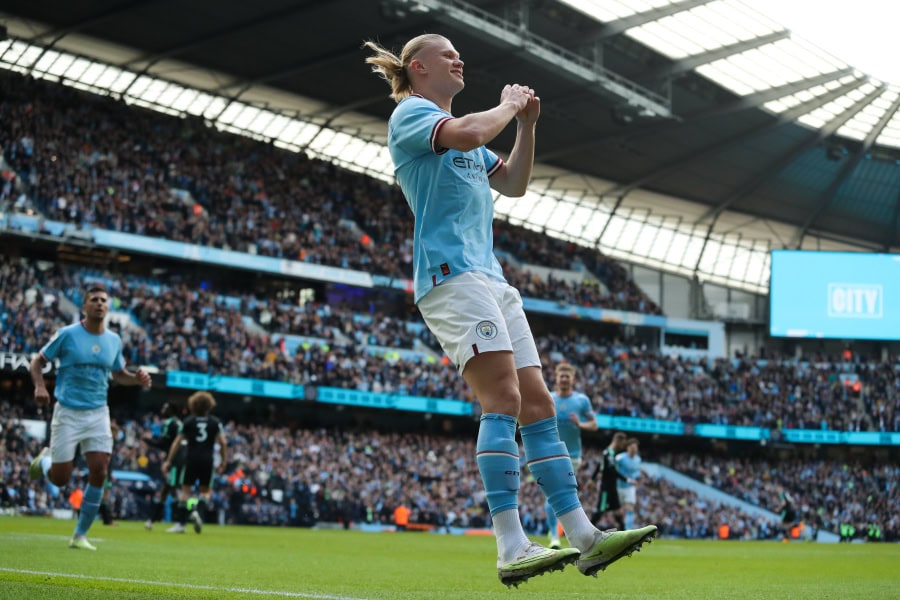 Erling Haaland celebrates scoring for Manchester City against Leicester