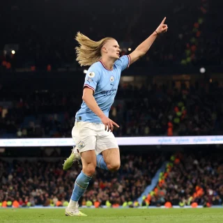 Haaland celebrates scoring against Arsenal for Man City