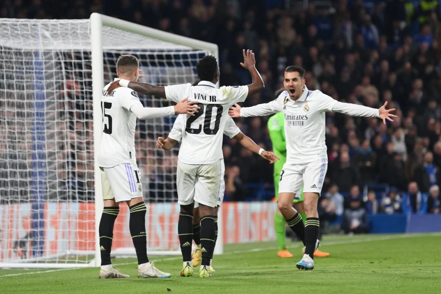 Real Madrid celebrate scoring against Chelsea in Champions League