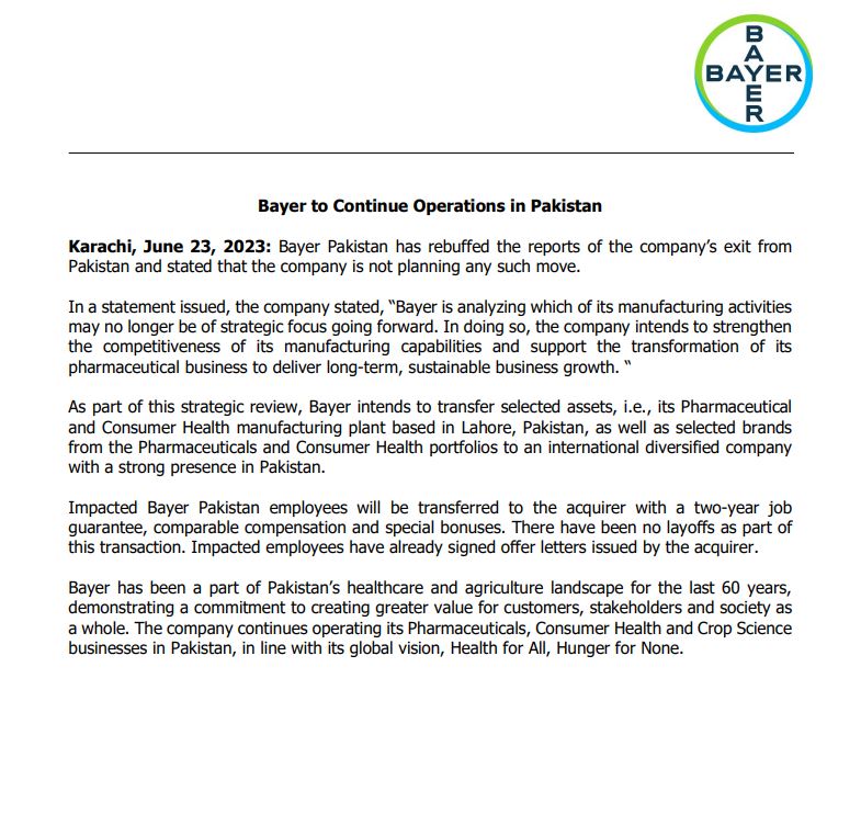 Bayer to continue operations in Pakistan Pakistan Observer