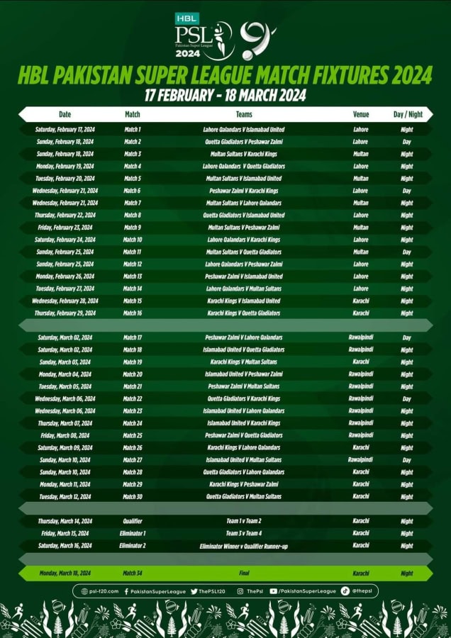 PSL 2024 complete schedule is out; Check all details here - Pakistan ...