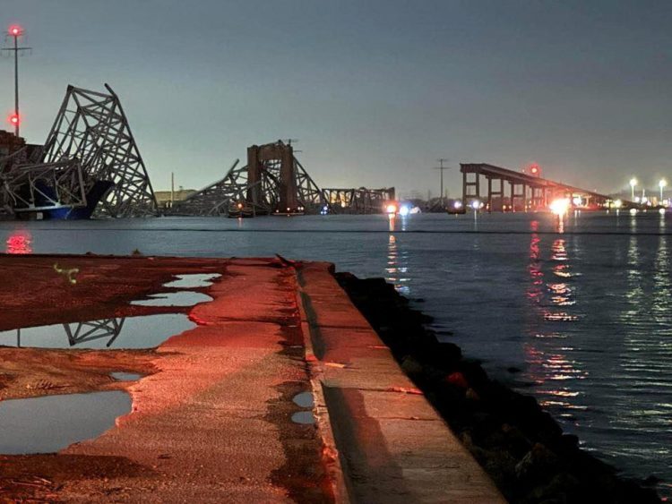 A view of the Francis Scott Key Bridge after it collapsed, in Baltimore, Maryland, U.S., in this picture released on March 26, 2024. Harford County MD Fire & EMS/Handout via REUTERS
