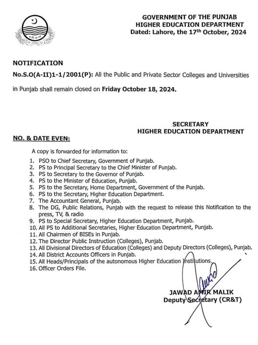 Holiday Announced For All Colleges Universities In Punjab On Friday 