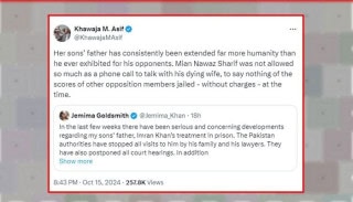 Khawaja Asif Criticizes Jemima Goldsmiths Concerns Over Imran Khans Health 