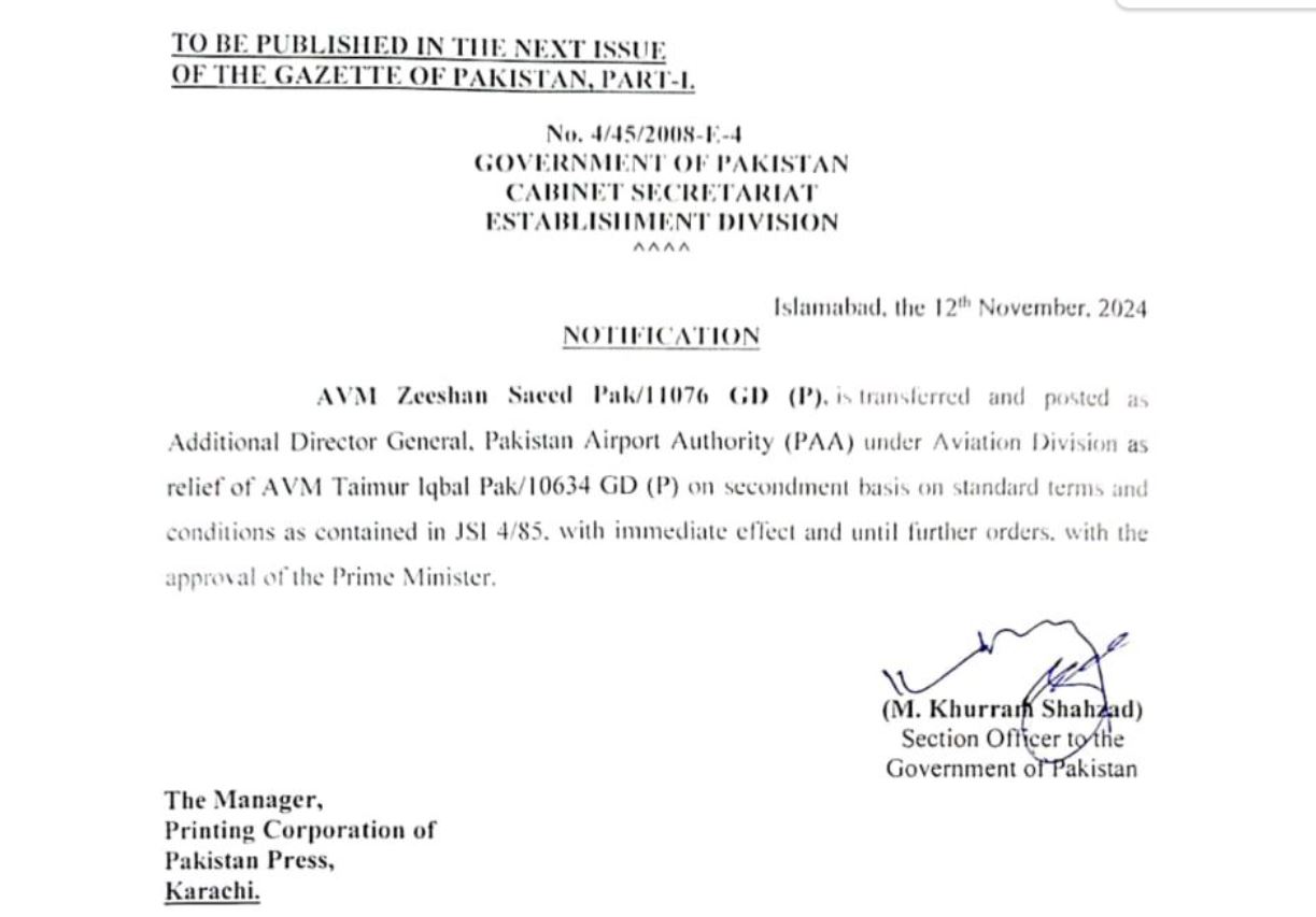 Air Vice Marshal Zeeshan Saeed Appointed Additional D G Pakistan Airport Authority 