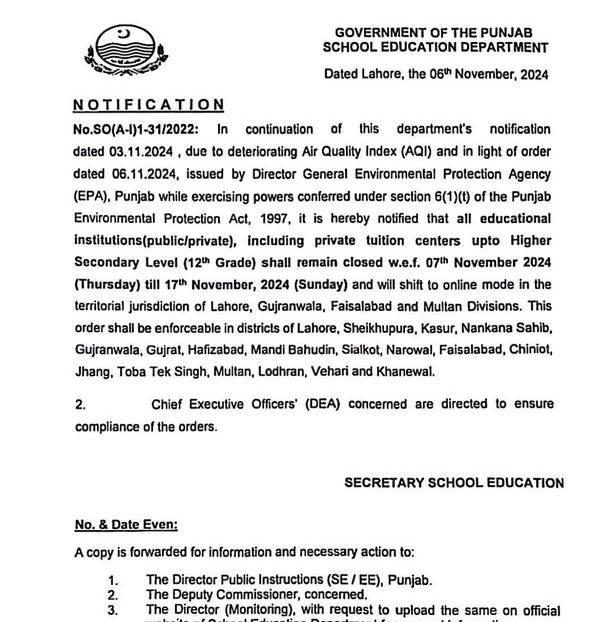 Lahore School Holidays Notification Amid Smog Crisis 