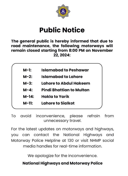 Lahore To Islamabad Among Several Motorways Closed Ahead Of Pti Nov 24 Protest 