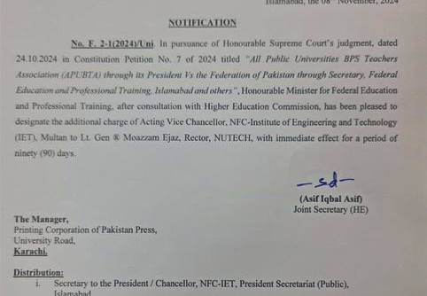 Lt Gen Moazzam Ejaz To Lead Nfc Institute Of Engineering And Technology Multan As Acting Vc 