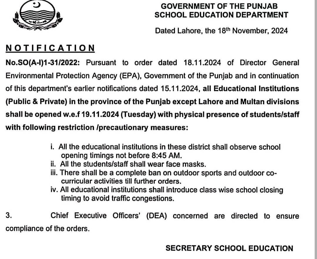 Schools Opening Notification For Punjab After End Of Smog Holidays 