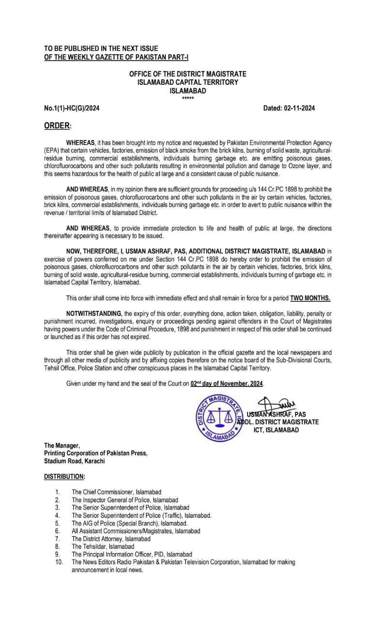 Section 144 Imposed In Islamabad To Tackle Poor Air Quality Levels 