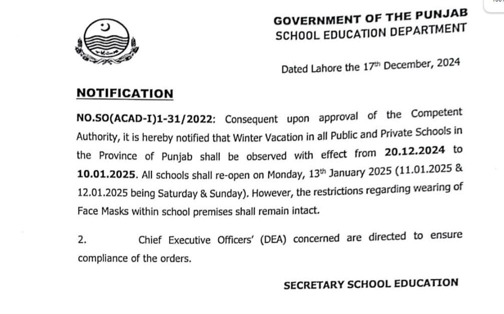 Punjab Schools Winter Vacations Notification 2024 