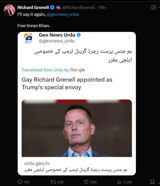 Trumps Aide Richard Grenells Tweet Calling For Imran Khans Release Dismissed By Pakistani Govt 