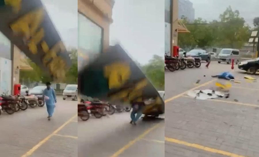 Shocking Video Shows Billboard Collapse On Man During Dust Storm In Lahore